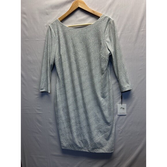 Calvin Klein Silver Sparkle Sheath Dress 3/4 Sleeve Formal Boat Neck Women’s 12 - Picture 2 of 12